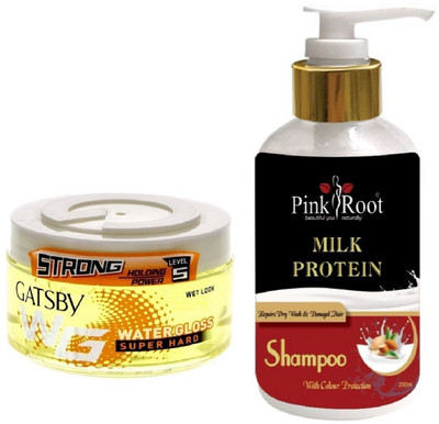 

Pink Root MILK PROTEIN SHAMPOO 200ML WITH GATSBY STRONG LEVEL 5 WATER GLOSS SUPER HARD GEL(Set of 2)