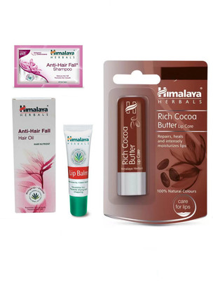 

Himalaya anti hair fall oil, anti hair shampoo, coca butter lip balm, lip balm(Set of 4)