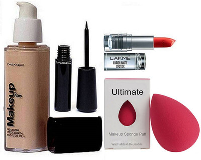 

Ultimate sponge puff ,makeup pro long wear spf 30 foundation, Liquid Eyeliner, 9to5 Enrich Matte Lipstick(Set of 4)