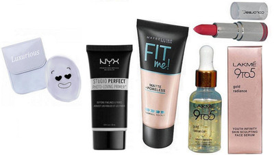 

luxurious Sponge puff & Maybelline Fit me Foundation & Lakme 9 to 5 Gold face Serum & Colobar Lipstick & NYX Studio Perfect Photo Loving Primer(Set of 5)