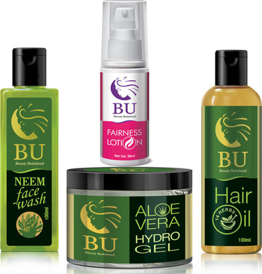 

BU 100% Herbal&Organic Face and Hair Beauty Kit (Fairness Cream+Aloe Vera Gel+Anti-Greying Oil+ Neem FaceWash)(Set of 4)