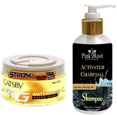

Pink Root ACTIVATED CHARCOAL SHAMPOO 200ML WITH GATSBY STRONG LEVEL 5 WATER GLOSS SUPER HARD GEL(Set of 2)