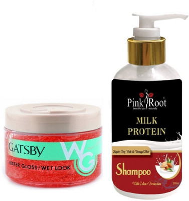 

Pink Root MILK PROTEIN SHAMPOO 200ML WITH GATSBY WATER GLOSS\WET LOOK GEL(Set of 2)