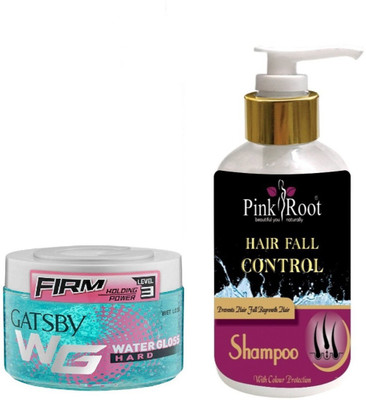 

Pink Root HAIR FALL CONTROL SHAMPOO 200ML WITH GATSBY FIRM LEVEL 3 WATER GLOSS HARD GEL(Set of 2)