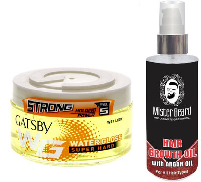 

MISTER BEARD ARGAN HAIR OIL WITH GATSBY STRONG LEVEL 5 WATER GLOSS SUPER HARD GEL(Set of 2)