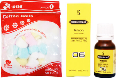 

Sheer Secret Lemon Essential Oil 15ml and A-One Cotton Balls (50 Balls)(Set of 2)