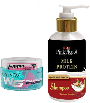 

Pink Root MILK PROTEIN SHAMPOO 200ML WITH GATSBY FIRM LEVEL 3 WATER GLOSS HARD GEL(Set of 2)