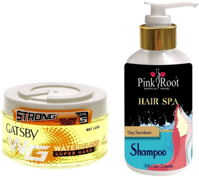 

Pink Root HAIR SPA SHAMPOO 200ML WITH GATSBY STRONG LEVEL 5 WATER GLOSS SUPER HARD GEL(Set of 2)