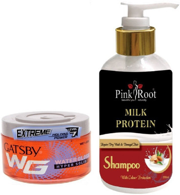 

Pink Root MILK PROTEIN SHAMPOO 200ML WITH GATSBY EXTREME LEVEL 7 WATER GLOSS HYPER SOLID GEL(Set of 2)