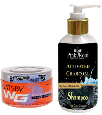 

Pink Root ACTIVATED CHARCOAL SHAMPOO 200ML WITH GATSBY EXTREME LEVEL 7 WATER GLOSS HYPER SOLID GEL(Set of 2)