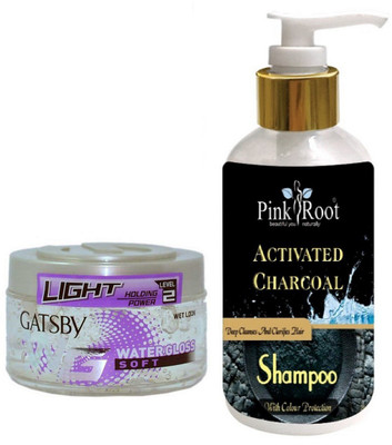 

Pink Root ACTIVATED CHARCOAL SHAMPOO 200ML WITH GATSBY LIGHT LEVEL 2 WATER GLOSS SOFT GEL(Set of 2)
