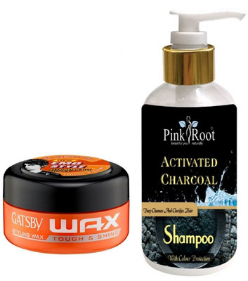 

Pink Root ACTIVATED CHARCOAL SHAMPOO 200ML WITH GATSBY TOUGH & SHINE WAX(Set of 2)