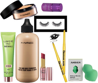

Amber Sponge Puff|Eyelashes|Nail Paint|Lipstick|Foundation|Loose Powder|Cream|Kajal(Set of 9)