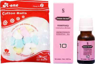 

Sheer Secret Rosemary Essential Oil 15ml and A-One Cotton Balls (50 Balls)(Set of 2)