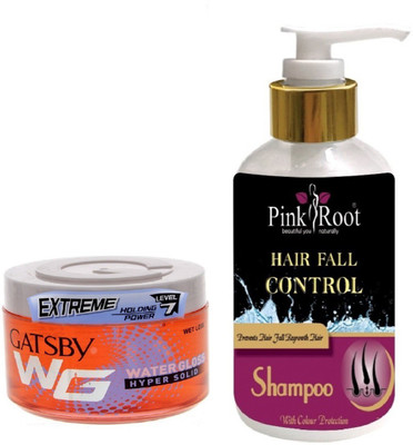 

Pink Root HAIR FALL CONTROL SHAMPOO 200ML WITH GATSBY EXTREME LEVEL 7 WATER GLOSS HYPER SOLID GEL(Set of 2)