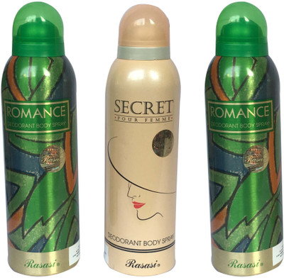 

Rasasi Romance Deodorant Body Spray 2 & Secret Pour Femme 1 (Pack of 3) Body Spray - For Women(600 ml, Pack of 3)