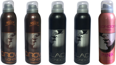 

LONDON 2 BROWN , 2 BLACK AND 1 PINK ( PACK OF 5) Deodorant Spray - For Men & Women(200 ml, Pack of 5)