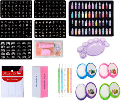 

Royalkart Mega Combo Kit Of Nail Art Tools 3D Nail Art Stamping Image Plates, Double-sided Stamper & Metal Scraper, 48 pcs Glitter Bottle Set, 5 pcs Double-sided Dotting Tool, Nail Art Palette, Nail Buffer, Finger Tip Guide and Multicolour Nail Cleaning T