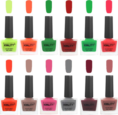 

Kwality Premium Quality Dull Velvet Matte Nail Polish Duo Pont Flat Brush Exclusive Combo Parrot Green-Carrot Orange-Dark Green-Red-Green-Pink Mania-Candy Orange-Salmon Run-Pink Mania-Grey-Maroon-Dark Nude(Pack of 12)