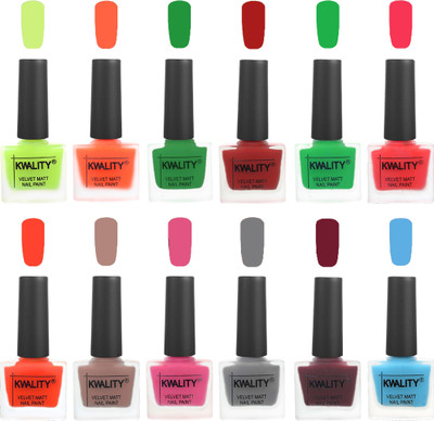 

Kwality Premium Quality Dull Velvet Matte Nail Polish Duo Pont Flat Brush Exclusive Combo Parrot Green-Carrot Orange-Dark Green-Red-Green-Pink Mania-Candy Orange-Salmon Run-Pink Mania-Grey-Maroon-Light Blue(Pack of 12)