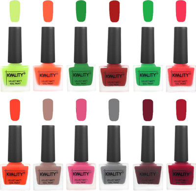 

Kwality Premium Quality Dull Velvet Matte Nail Polish Duo Pont Flat Brush Exclusive Combo Parrot Green-Carrot Orange-Dark Green-Red-Green-Pink Mania-Candy Orange-Salmon Run-Pink Mania-Grey-Maroon-Berry(Pack of 12)