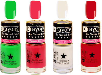 

KRAYONS Gel Base Glossy Effect Nail Polish Enamel Color Combo of 4 Trendy Shades(NEON GREEN,WHITE CANVAS,TWILIGHT PINK,SIGNAL RED) Neon Green, White Canvas, Twilight Pink, Signal Red(Pack of 4)