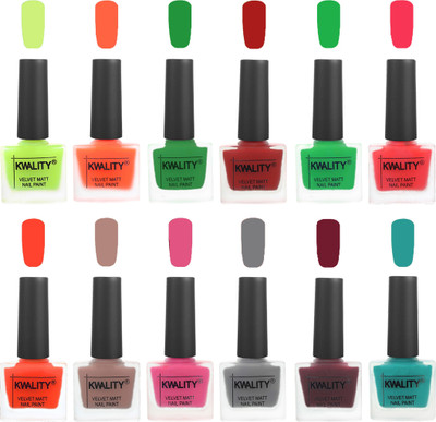 

Kwality Premium Quality Dull Velvet Matte Nail Polish Duo Pont Flat Brush Exclusive Combo Parrot Green-Carrot Orange-Dark Green-Red-Green-Pink Mania-Candy Orange-Salmon Run-Pink Mania-Grey-Maroon-Sea Green(Pack of 12)