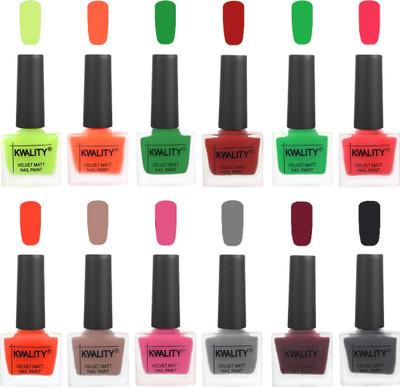 

Kwality Premium Quality Dull Velvet Matte Nail Polish Duo Pont Flat Brush Exclusive Combo Parrot Green-Carrot Orange-Dark Green-Red-Green-Pink Mania-Candy Orange-Salmon Run-Pink Mania-Grey-Maroon-Dark Grey(Pack of 12)