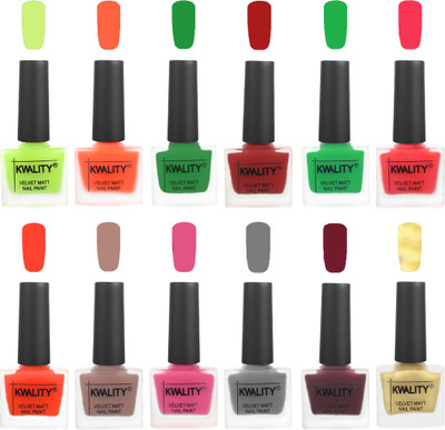 

Kwality Premium Quality Dull Velvet Matte Nail Polish Duo Pont Flat Brush Exclusive Combo Parrot Green-Carrot Orange-Dark Green-Red-Green-Pink Mania-Candy Orange-Salmon Run-Pink Mania-Grey-Maroon-Golden(Pack of 12)