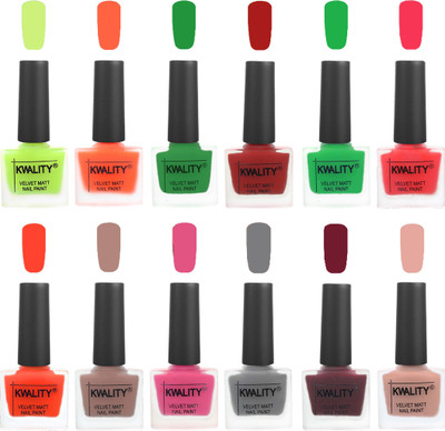 

Kwality Premium Quality Dull Velvet Matte Nail Polish Duo Pont Flat Brush Exclusive Combo Parrot Green-Carrot Orange-Dark Green-Red-Green-Pink Mania-Candy Orange-Salmon Run-Pink Mania-Grey-Maroon-Salmon Pink(Pack of 12)