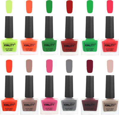 

Kwality Premium Quality Dull Velvet Matte Nail Polish Duo Pont Flat Brush Exclusive Combo Parrot Green-Carrot Orange-Dark Green-Red-Green-Pink Mania-Candy Orange-Salmon Run-Pink Mania-Grey-Maroon-Light Baby Nude(Pack of 12)