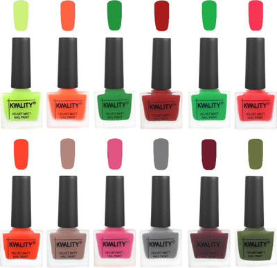 

Kwality Premium Quality Dull Velvet Matte Nail Polish Duo Pont Flat Brush Exclusive Combo Parrot Green-Carrot Orange-Dark Green-Red-Green-Pink Mania-Candy Orange-Salmon Run-Pink Mania-Grey-Maroon-Olive Green(Pack of 12)