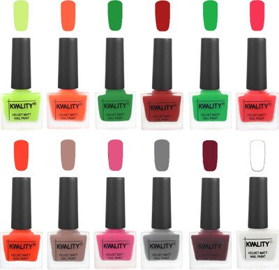 

Kwality Premium Quality Dull Velvet Matte Nail Polish Duo Pont Flat Brush Exclusive Combo Parrot Green-Carrot Orange-Dark Green-Red-Green-Pink Mania-Candy Orange-Salmon Run-Pink Mania-Grey-Maroon-White(Pack of 12)