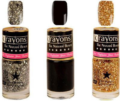 

KRAYONS Gel Base Glossy Effect Nail Polish Enamel Color Combo of 3 Trendy Shades(BLACK SEA,SHIMMER SILVER,SHIMMER GOLDEN) Black Sea, Shimmer Silver, Shimmer Golden(Pack of 3)