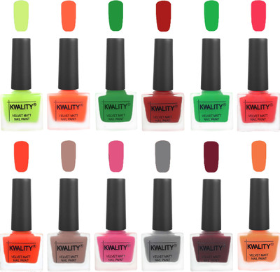 

Kwality Premium Quality Dull Velvet Matte Nail Polish Duo Pont Flat Brush Exclusive Combo Parrot Green-Carrot Orange-Dark Green-Red-Green-Pink Mania-Candy Orange-Salmon Run-Pink Mania-Grey-Maroon-Peach(Pack of 12)