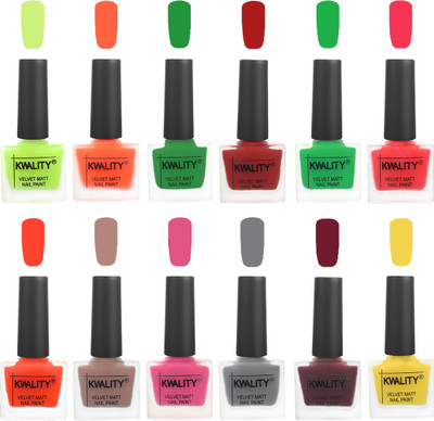 

Kwality Premium Quality Dull Velvet Matte Nail Polish Duo Pont Flat Brush Exclusive Combo Parrot Green-Carrot Orange-Dark Green-Red-Green-Pink Mania-Candy Orange-Salmon Run-Pink Mania-Grey-Maroon-Yellow(Pack of 12)