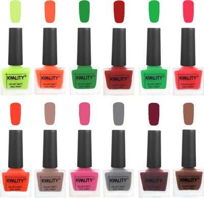

Kwality Premium Quality Dull Velvet Matte Nail Polish Duo Pont Flat Brush Exclusive Combo Parrot Green-Carrot Orange-Dark Green-Red-Green-Pink Mania-Candy Orange-Salmon Run-Pink Mania-Grey-Maroon-Shock Brown(Pack of 12)
