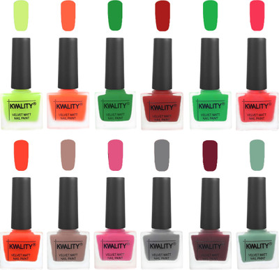 

Kwality Premium Quality Dull Velvet Matte Nail Polish Duo Pont Flat Brush Exclusive Combo Parrot Green-Carrot Orange-Dark Green-Red-Green-Pink Mania-Candy Orange-Salmon Run-Pink Mania-Grey-Maroon-Mischievous Mint(Pack of 12)