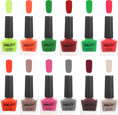 

Kwality Premium Quality Dull Velvet Matte Nail Polish Duo Pont Flat Brush Exclusive Combo Parrot Green-Carrot Orange-Dark Green-Red-Green-Pink Mania-Candy Orange-Salmon Run-Pink Mania-Grey-Maroon-Beige(Pack of 12)