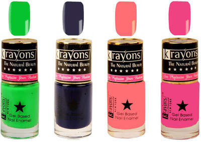 

KRAYONS Gel Base Glossy Effect Nail Polish Enamel Color Combo of 4 Trendy Shades(ANGEL PINK,DEEP BLUE,SUNSET ORANGE,NEON GREEN) Angel Pink, Deep Blue, Sunset Orange, Neon Green(Pack of 4)