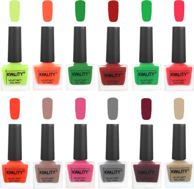 

Kwality Premium Quality Dull Velvet Matte Nail Polish Duo Pont Flat Brush Exclusive Combo Parrot Green-Carrot Orange-Dark Green-Red-Green-Pink Mania-Candy Orange-Salmon Run-Pink Mania-Grey-Maroon-Nude(Pack of 12)