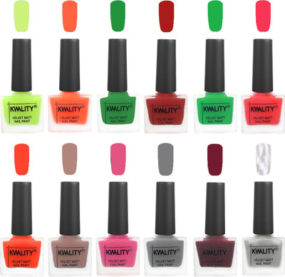 

Kwality Premium Quality Dull Velvet Matte Nail Polish Duo Pont Flat Brush Exclusive Combo Parrot Green-Carrot Orange-Dark Green-Red-Green-Pink Mania-Candy Orange-Salmon Run-Pink Mania-Grey-Maroon-Silver(Pack of 12)