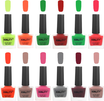 

Kwality Premium Quality Dull Velvet Matte Nail Polish Duo Pont Flat Brush Exclusive Combo Parrot Green-Carrot Orange-Dark Green-Red-Green-Pink Mania-Candy Orange-Salmon Run-Pink Mania-Grey-Maroon-Salmon(Pack of 12)