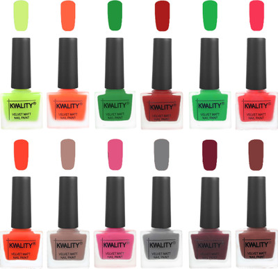 

Kwality Premium Quality Dull Velvet Matte Nail Polish Duo Pont Flat Brush Exclusive Combo Parrot Green-Carrot Orange-Dark Green-Red-Green-Pink Mania-Candy Orange-Salmon Run-Pink Mania-Grey-Maroon-Dark Tan(Pack of 12)