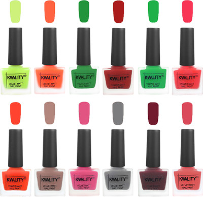 

Kwality Premium Quality Dull Velvet Matte Nail Polish Duo Pont Flat Brush Exclusive Combo Parrot Green-Carrot Orange-Dark Green-Red-Green-Pink Mania-Candy Orange-Salmon Run-Pink Mania-Grey-Maroon-Baby Pink(Pack of 12)