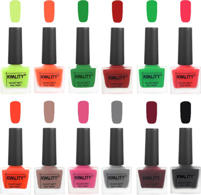 

Kwality Premium Quality Dull Velvet Matte Nail Polish Duo Pont Flat Brush Exclusive Combo Parrot Green-Carrot Orange-Dark Green-Red-Green-Pink Mania-Candy Orange-Salmon Run-Pink Mania-Grey-Maroon-Black(Pack of 12)