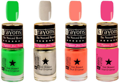 

KRAYONS Gel Base Glossy Effect Nail Polish Enamel Color Combo of 4 Trendy Shades(CORAL PEACH,NEON GREEN,ANGEL PINK,SILVER GREY) Coral Peach, Neon Green, Angel Pink, Silver Grey(Pack of 4)