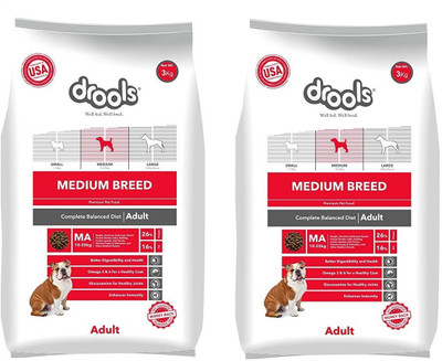

drools Adult Medium breed complete balanced diet for better digestibility and health , omega 3 and 6 for a healthy coat , glucosamine for healthy joints , enhances immunity best vitamin , calcium , nutrition , high energy pack of 2 combo pack Chicken, Egg