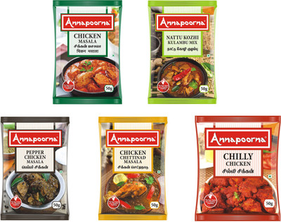 

Annapoorna Chicken Masala, Nattu Kozhi Kulambu Masala, Pepper Chicken Masala, Chicken Chettinadu Masala and Chilly Chicken Masala (50gms Pack of 5)(5 x 50 g)