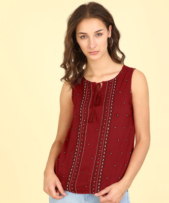 PEOPLE Casual Sleeveless Embroidered Women Red Top